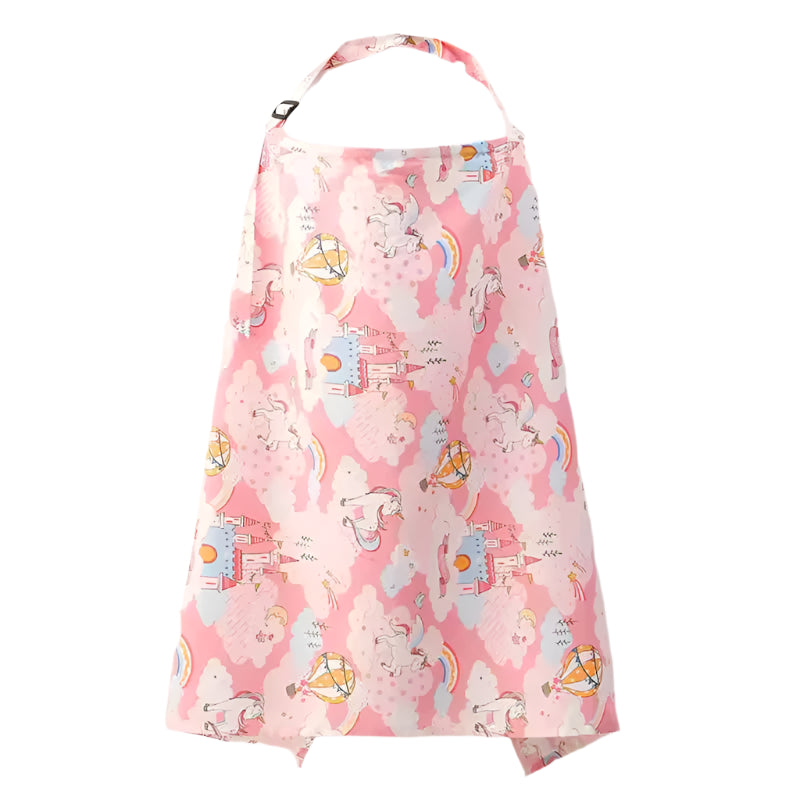 Pink children's dress with cartoon patterns on a white background