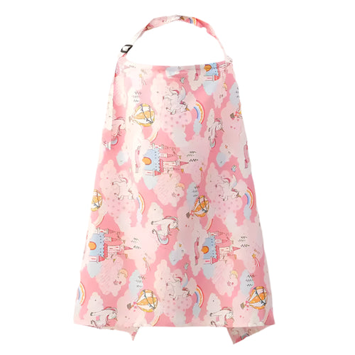 Pink children's dress with cartoon patterns on a white background